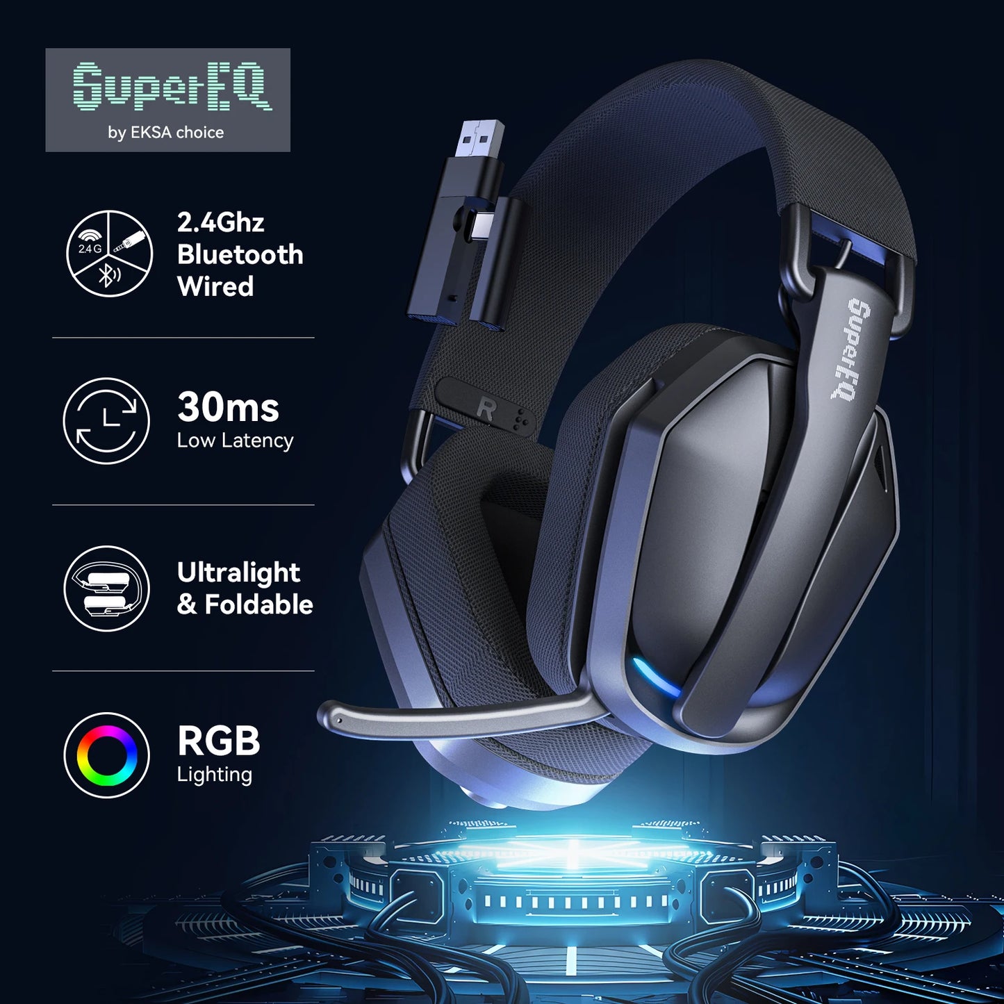 SuperEQ G19BT 2.4GHz Wireless Gaming Headphones Ultra-light Bluetooth 5.4 Headset Gamer with Mic for PC/PS5/Xbox