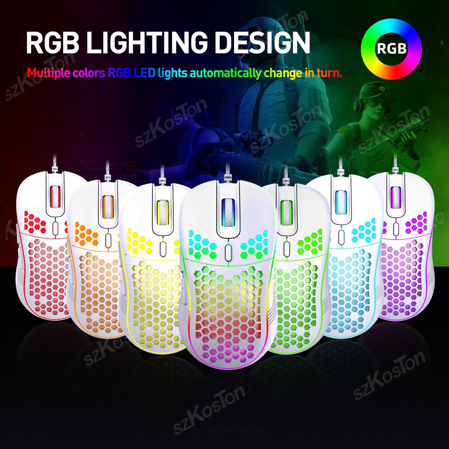 Honeycomb Wired Gaming Mouse RGB Backlight 7200 Adjustable DPI Ergonomic