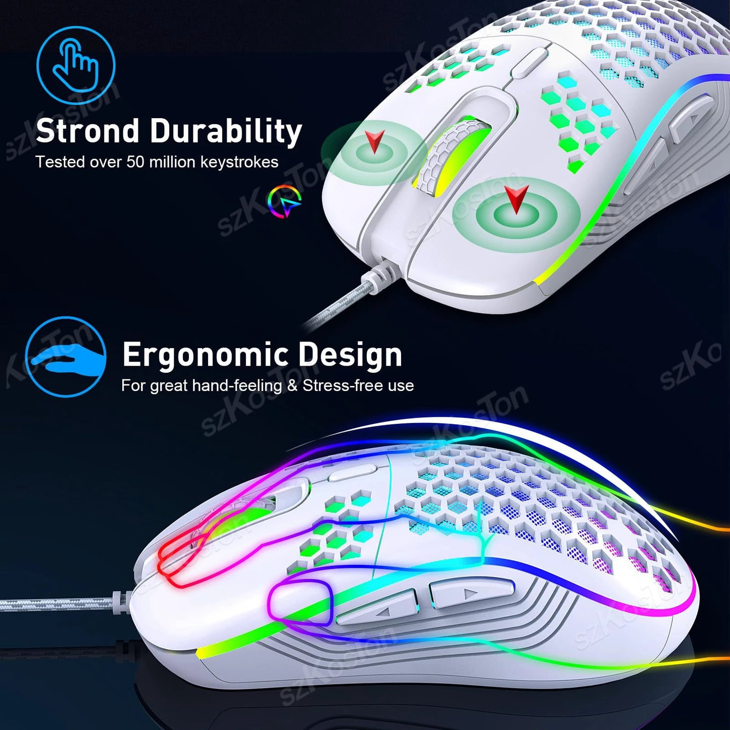 Honeycomb Wired Gaming Mouse RGB Backlight 7200 Adjustable DPI Ergonomic
