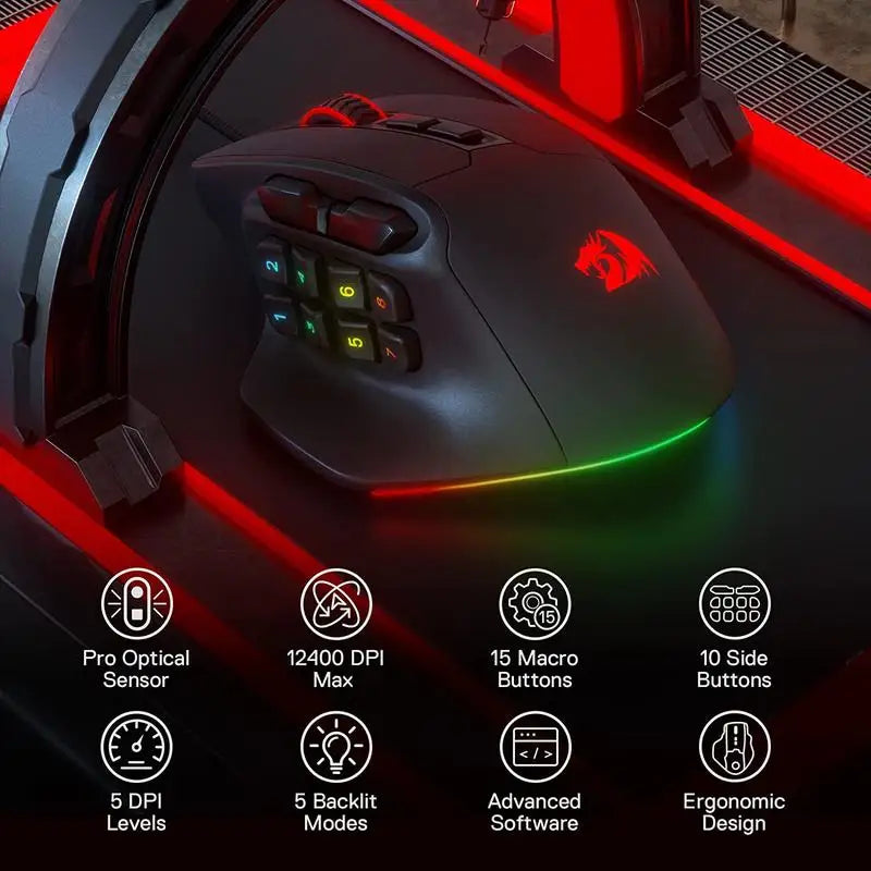 Redragon M811 Aatrox MMO Gaming Mouse, 15 Programmable Buttons