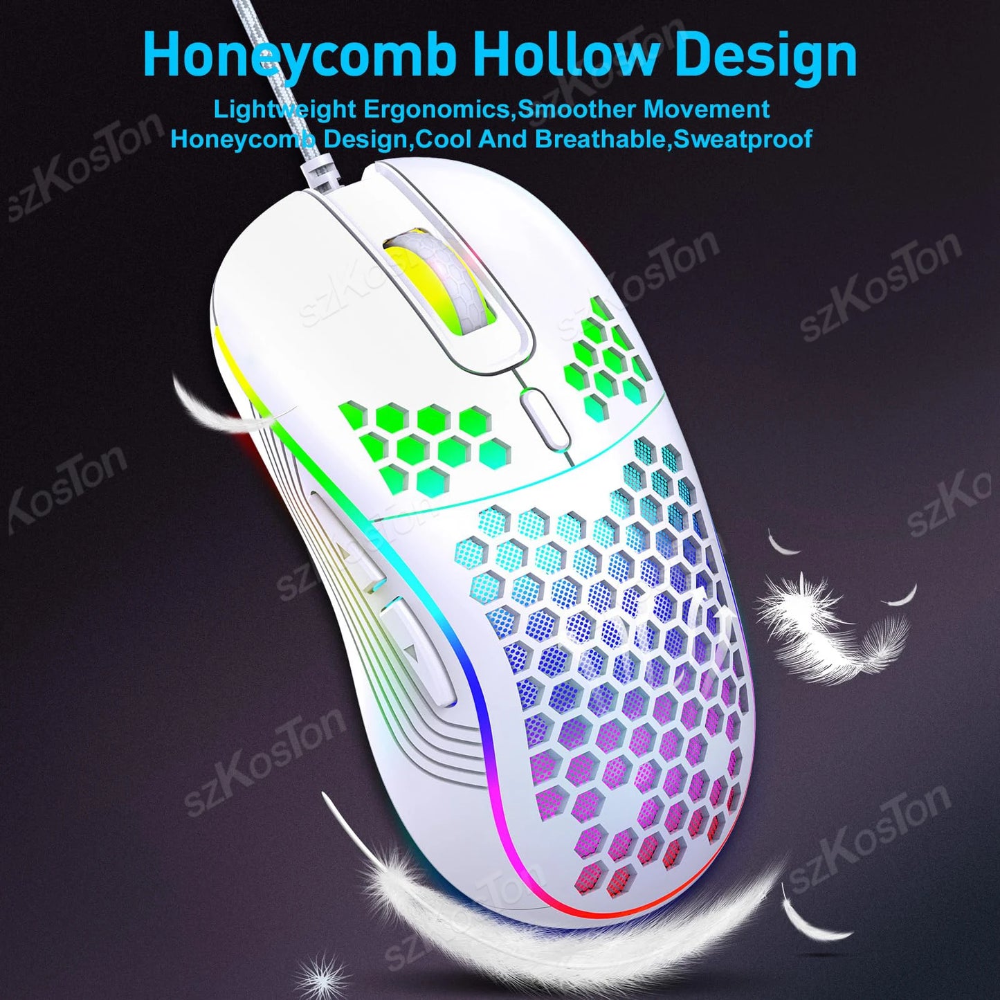 Honeycomb Wired Gaming Mouse RGB Backlight 7200 Adjustable DPI Ergonomic