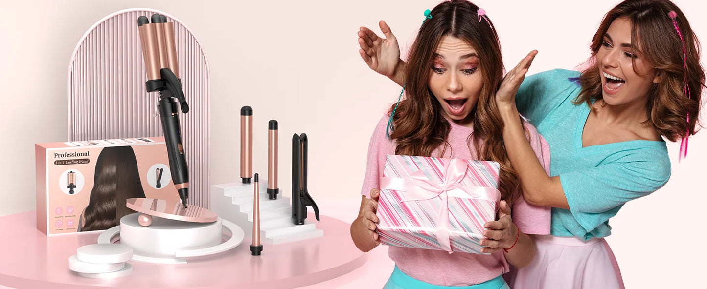 BESTOPE PRO 5 in 1 Wand Curling Iron-Curling Wand Set with Hair Straightener, 3 Barrels Hair Crimper Iron, 3 Ceramic Curling Iro