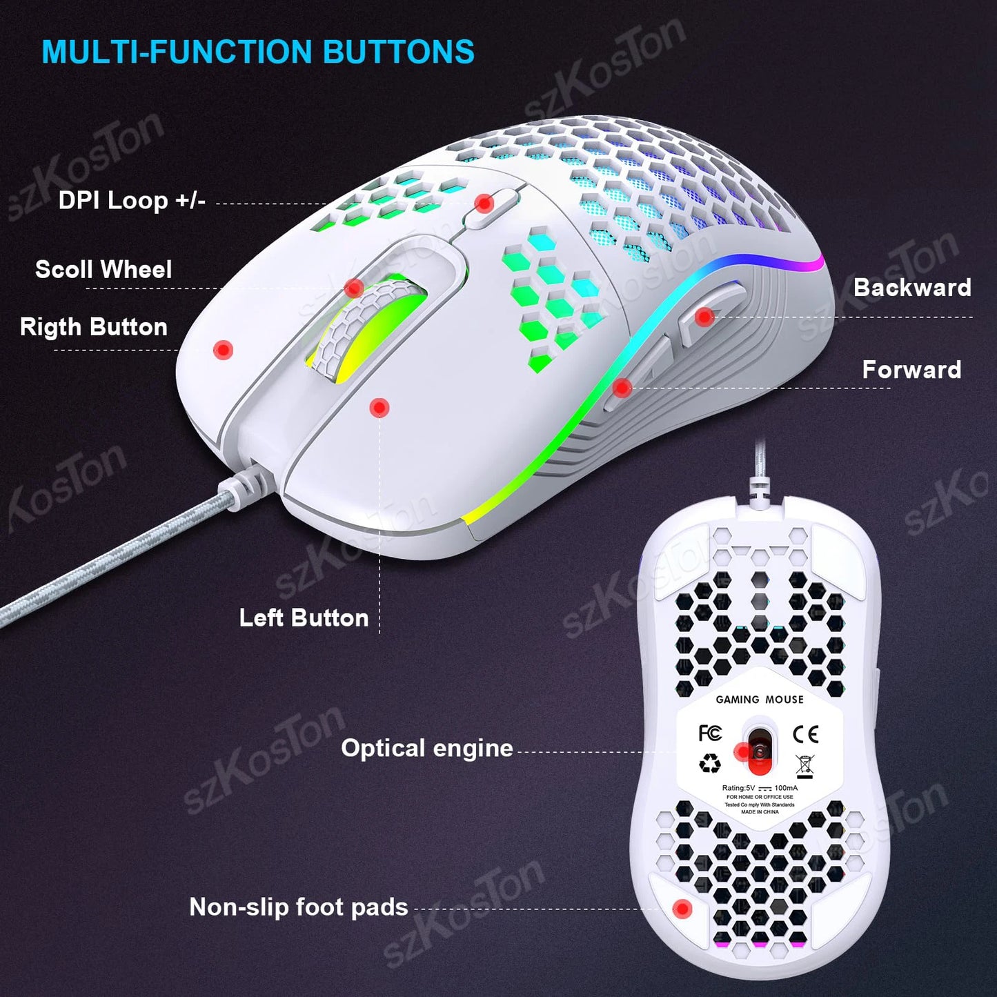 Honeycomb Wired Gaming Mouse RGB Backlight 7200 Adjustable DPI Ergonomic
