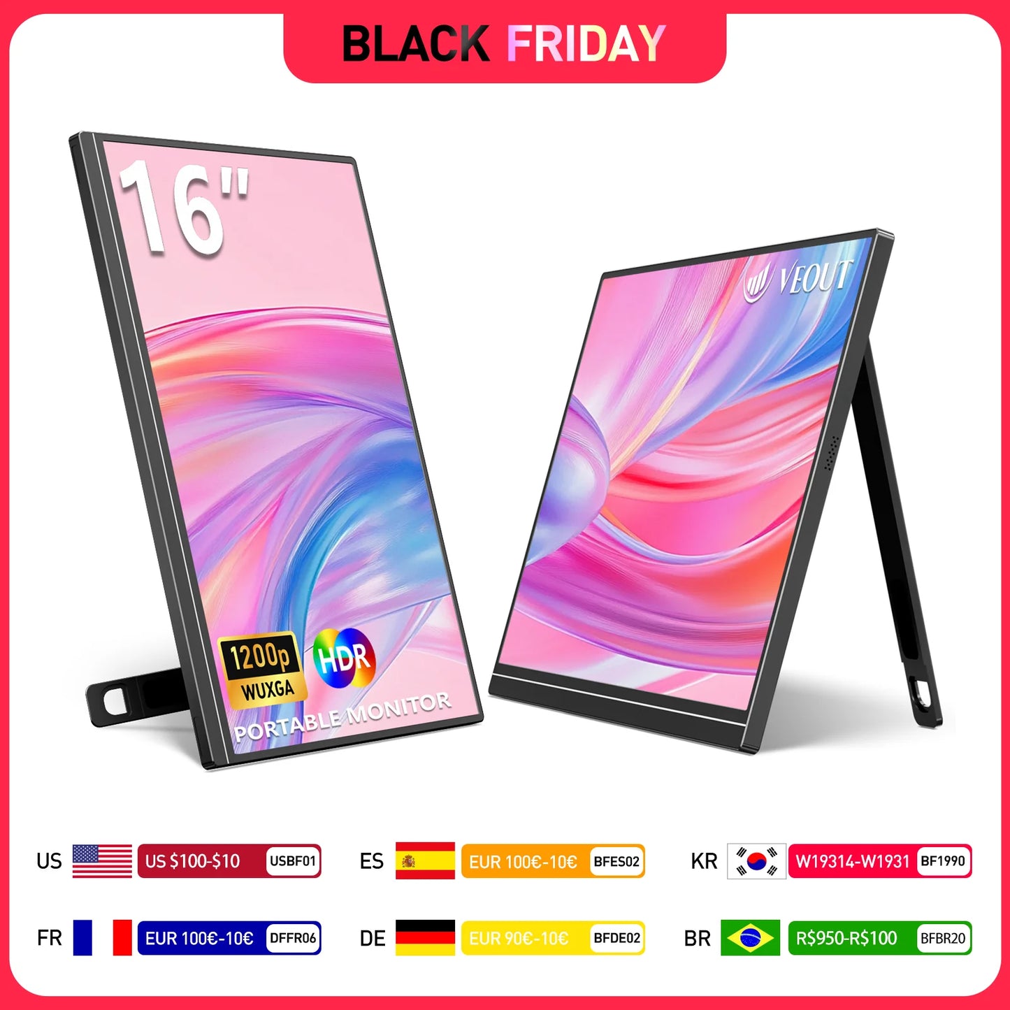 VEOUT 16 60HZ  inch Gaming Portable Monitor for Laptop, 1200P Display LCD FHD